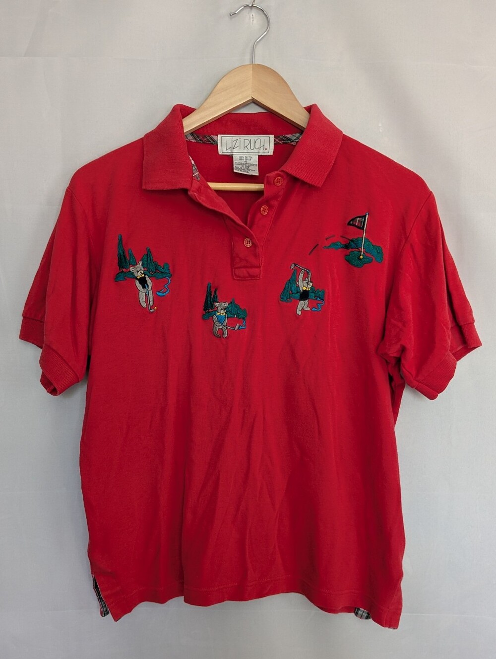 Vintage 90s Lizi Ruch Embroidered Golfing Bear Polo Shirt Cotton Red M